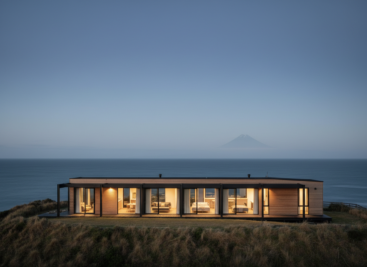 A stylish boutique hotel exterior on the Taranaki coast at blue hour, featuring a low, modern timber-and-black-steel building with large picture windows glowing warmly from within. The hotel sits slightly elevated above a rugged grassy headland, with the dark, calm Tasman Sea stretching to the horizon and the silhouette of Taranaki Maunga faintly visible in the distance. Soft coastal twilight wraps the scene in muted blues and greys, while the interior lights cast inviting golden reflections on the glass. Photographic realism, shot from a slightly elevated eye-level perspective with a wide-angle lens, showcasing the building in the lower third and the dramatic sky above, creating a serene, professional, and welcoming atmosphere.