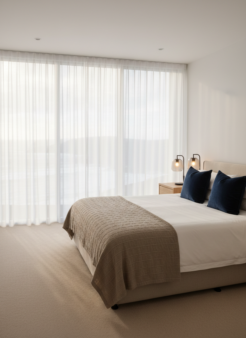 A luxurious boutique hotel suite inspired by the Taranaki coast, featuring a king-sized bed with crisp white linen, a textured taupe wool throw, and deep navy accent cushions. The bed faces floor-to-ceiling windows revealing a blurred view of the rugged shoreline and distant waves. Natural oak bedside tables hold minimalist black metal lamps with warm diffused light. Soft late-afternoon sunlight pours through sheer white curtains, casting gentle shadows on the pale sand-colored carpet and matte white walls. Photographic realism, captured at eye level with a slightly wide frame, emphasizing spaciousness and calm. The mood is tranquil and refined, with a clean, modern coastal aesthetic suitable for a professional boutique accommodation website.