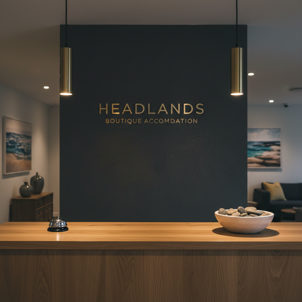 A refined boutique hotel reception console rather than a full desk, featuring a slim oak counter with a smooth, natural finish, a discreet matte-black metal bell, and a single ceramic bowl holding polished river stones. Behind, a dark charcoal wall showcases a minimalist brushed-brass sign reading “Headlands Boutique Accommodation” in clean, modern typography. Soft, focused pendant lighting from above highlights the wood grain and brass lettering, while the rest of the background falls into gentle shadow. Photographic realism, shot straight-on at eye level with a centered composition, emphasizing clarity and professionalism. The mood is calm, confident, and understated, suggesting attentive yet unobtrusive service in an intimate coastal property.