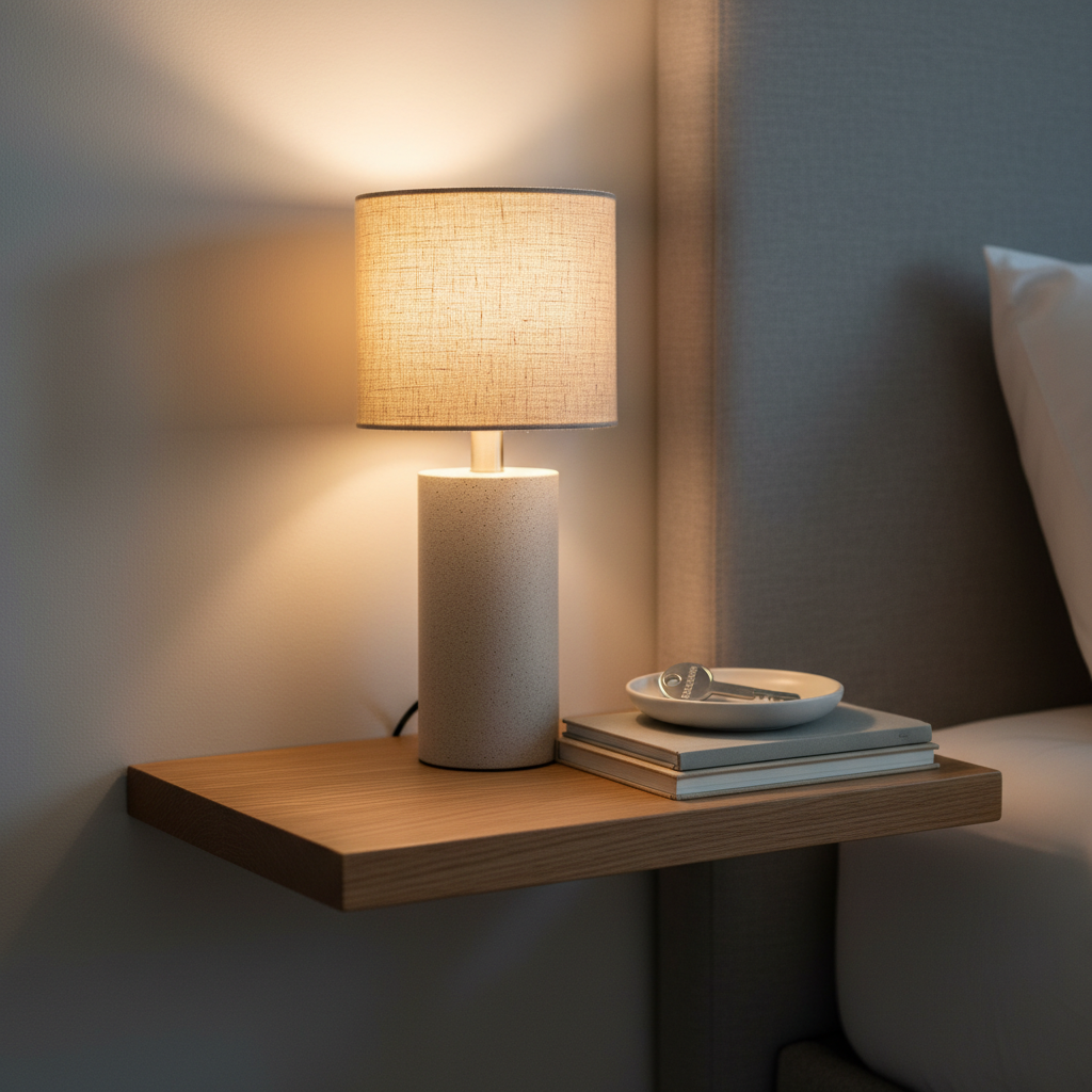 A carefully curated detail shot of a boutique hotel bedside, featuring a slim floating oak shelf acting as a nightstand, anchored to a soft grey upholstered headboard wall. On the shelf rests a small, cylindrical linen-shaded lamp with a warm filament bulb, a matte-white ceramic dish with a single silver room key fob engraved “Headlands,” and a short stack of two minimalist hardback books in muted tones. Warm evening light from the lamp creates a golden pool on the pale wall and casts soft, elongated shadows, while the rest of the room recedes into gentle darkness. Photographic realism, close-up with shallow depth of field, emphasizing the textures of linen, wood, and metal. The atmosphere is intimate, quiet, and thoughtfully designed.
