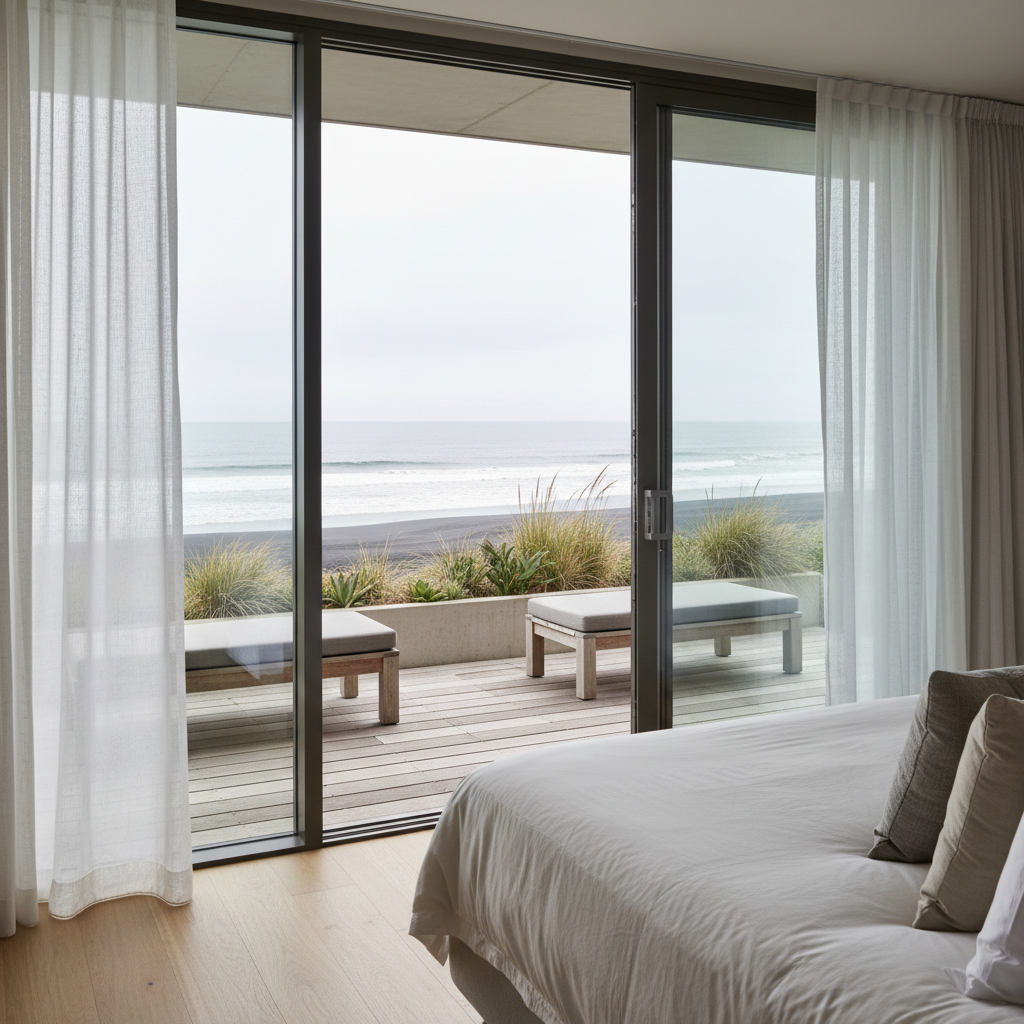 A wide, photographic view from inside a boutique hotel room looking out through large sliding glass doors to a private coastal terrace. In the foreground, sheer white curtains gently frame the opening, with the edge of a neatly made bed in soft neutral tones visible to one side. Outside, a simple timber deck features two low, cushion-topped benches and a narrow planter box filled with hardy coastal grasses gently bending in the breeze. Beyond, the Taranaki coastline stretches out, waves breaking softly on a distant black-sand beach under a pale, overcast sky. Natural daylight creates even, soft lighting with subtle reflections on the glass. The composition uses leading lines from floorboards and door frames to guide the eye outward, creating a sense of peaceful escape.