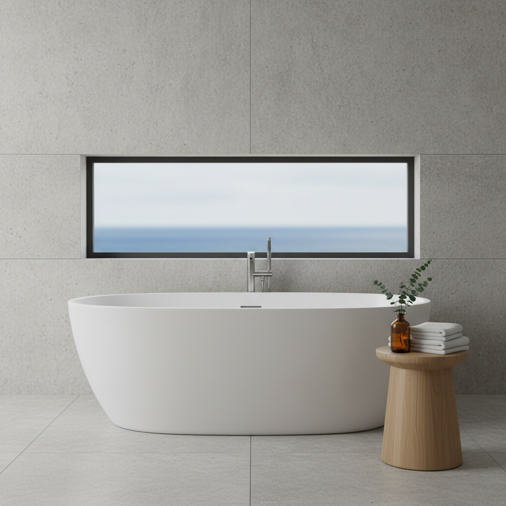 An elegant boutique hotel bathroom with a strong coastal design influence, featuring a freestanding matte-white oval bathtub set against a wall of soft grey stone tiles. A narrow horizontal window above the tub frames a blurred strip of sea and sky. A solid oak stool beside the bath holds neatly folded white towels, a small amber glass bottle, and a sprig of greenery. Natural overcast daylight filters through the window, producing even, diffused illumination that gently highlights the stone texture and silky finish of the tub. Photographic realism, composed symmetrically with straight lines and sharp focus throughout, creating a clean, serene, and spa-like atmosphere that communicates quiet luxury and professional attention to detail.