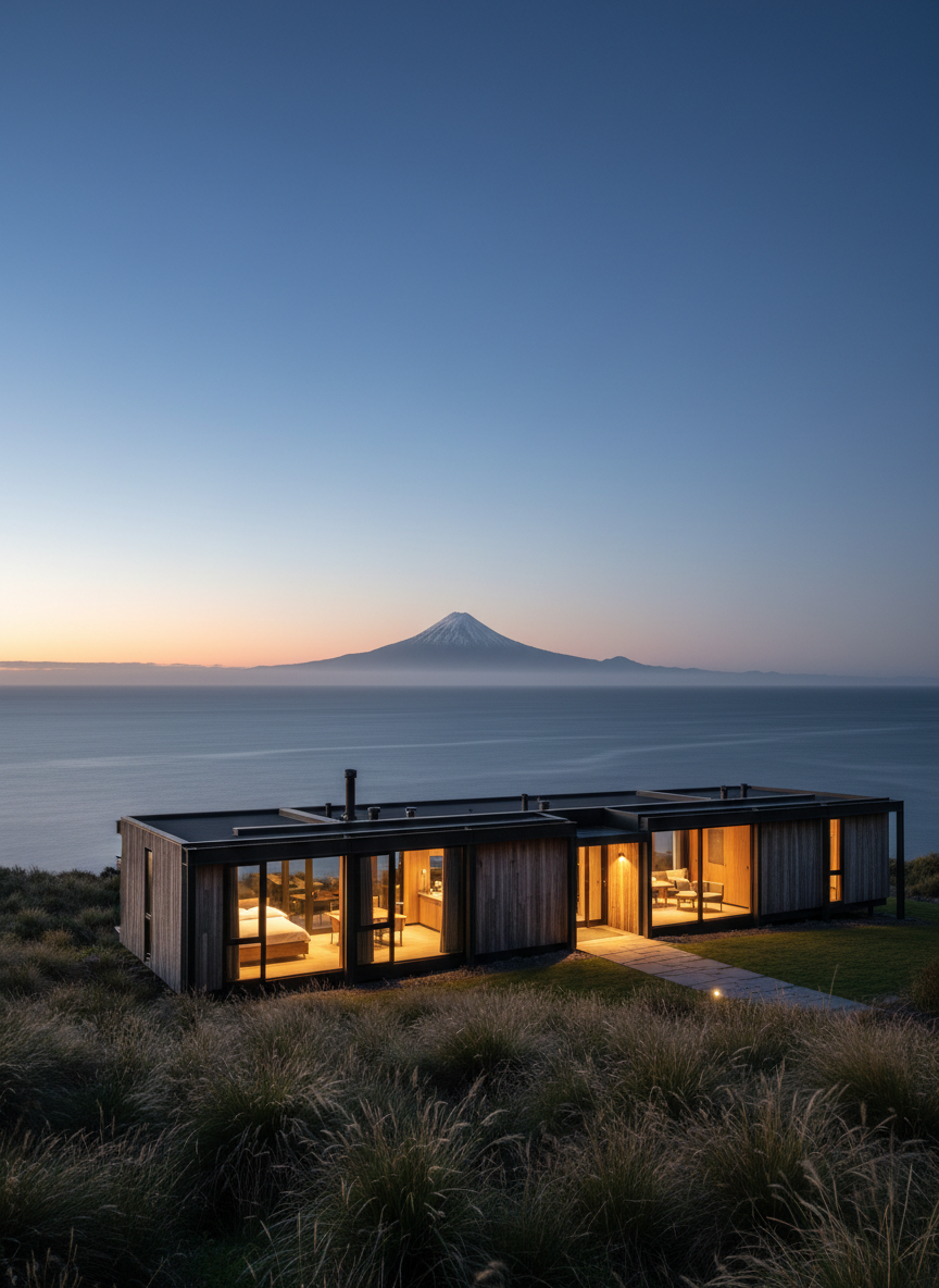 A stylish boutique hotel exterior on the Taranaki coast at blue hour, featuring a low, modern timber-and-black-steel building with large picture windows glowing warmly from within. The hotel sits slightly elevated above a rugged grassy headland, with the dark, calm Tasman Sea stretching to the horizon and the silhouette of Taranaki Maunga faintly visible in the distance. Soft coastal twilight wraps the scene in muted blues and greys, while the interior lights cast inviting golden reflections on the glass. Photographic realism, shot from a slightly elevated eye-level perspective with a wide-angle lens, showcasing the building in the lower third and the dramatic sky above, creating a serene, professional, and welcoming atmosphere.