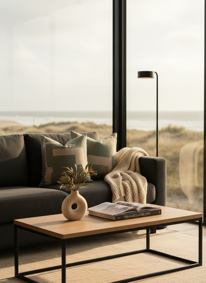 A cozy boutique hotel lounge corner featuring a deep charcoal linen sofa with clean lines, a chunky knitted cream throw draped over the arm, and two coastal-inspired cushions in muted seafoam and sand tones. In front stands a low, matte-black metal and oak coffee table holding a single ceramic vase with native coastal foliage and a hardcover art book about Taranaki landscapes. Behind, a large window reveals an abstract, softly blurred view of windswept dunes and the distant sea. Warm, indirect afternoon light fills the room, complemented by a single slim floor lamp casting a gentle glow. Photographic realism, composed using the rule of thirds with a shallow depth of field, creating an intimate, professional, and inviting atmosphere.