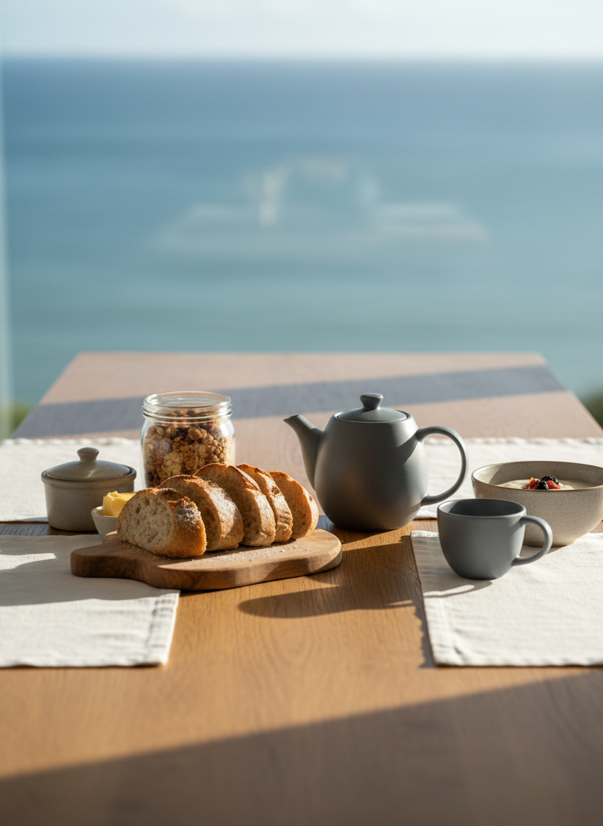 A meticulously set boutique hotel breakfast spread on a solid oak dining table near a large window overlooking the Taranaki coastline, the sea rendered as a soft, out-of-focus blue band. On the table sit a slate-grey ceramic teapot, two matching cups, a small wooden board with artisan sourdough, local butter in a stoneware dish, and a glass jar of homemade granola beside a bowl of creamy yogurt. Soft morning sunlight streams in from the side, creating delicate highlights on the ceramics and subtle shadows across crisp white linen placemats. Photographic realism, shot from a slightly elevated angle with shallow depth of field, focusing on the textures and natural tones. The atmosphere feels calm, fresh, and quietly indulgent, perfect for conveying thoughtful, high-end hospitality.