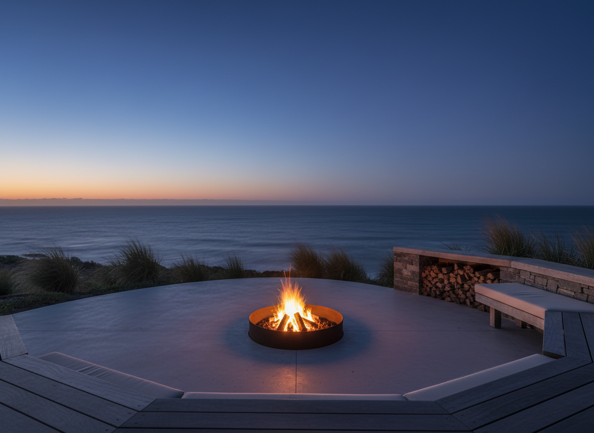 An atmospheric twilight scene of a boutique hotel firepit area overlooking the Opunake coastline, with a circular corten steel fire bowl sunken into a smooth concrete patio. Low, built-in timber benches with thick, neutral cushions wrap around part of the circle, and a simple stack of neatly arranged firewood sits in a recessed niche. The fire glows with lively orange embers, casting a warm halo on the surrounding concrete and subtly illuminating nearby coastal grasses. In the distance, the sea appears as a dark, calm expanse under a deep blue sky. Photographic realism, captured from a low, wide angle that emphasizes the fire in the foreground and the horizon beyond. The mood is cozy, intimate, and quietly dramatic, ideal for showcasing evening ambience.